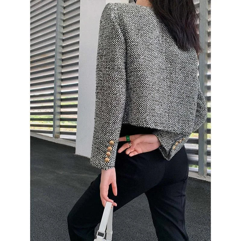 Coarse Tweed Small Fragrant Jacket For Women's Single Breasted Short Top Suit Jacket Female Wool Coat Lady Pocket Outwear Black