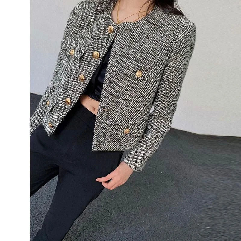 Coarse Tweed Small Fragrant Jacket For Women's Single Breasted Short Top Suit Jacket Female Wool Coat Lady Pocket Outwear Black