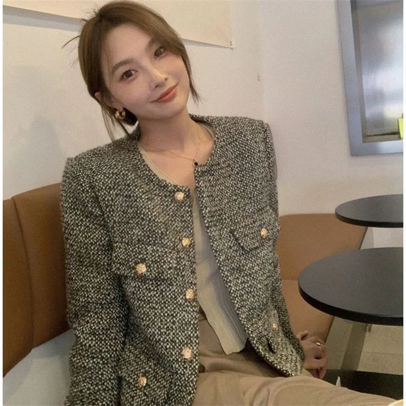 Coarse Tweed Small Fragrant Jacket For Women's Single Breasted Short Top Suit Jacket Female Wool Coat Lady Pocket Outwear Black